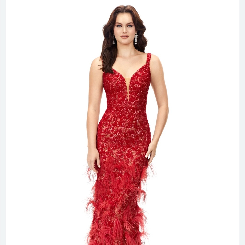 Ashley Lauren 11279 Elegant Red Beaded Sequin Feather Evening Gown